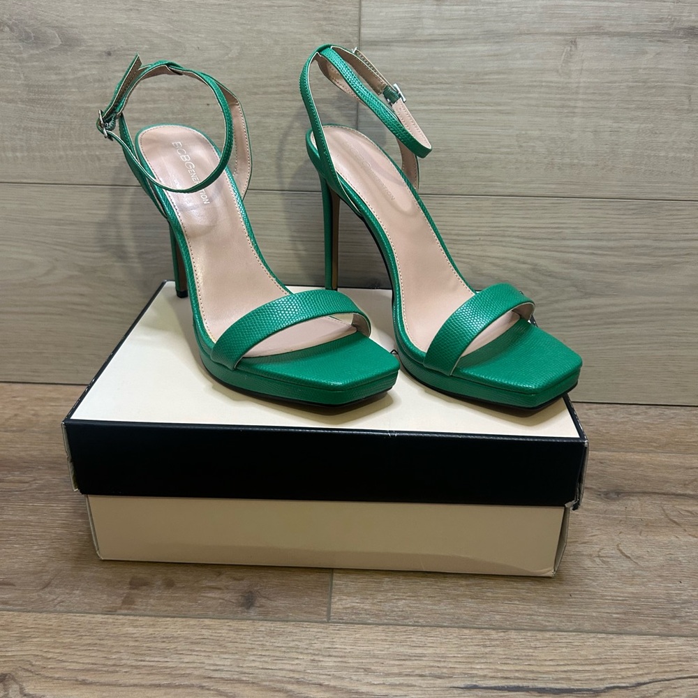 NWT BCBGeneration Lucky Green Lizard Caroline Heels Size 11 Strappy Stilettos